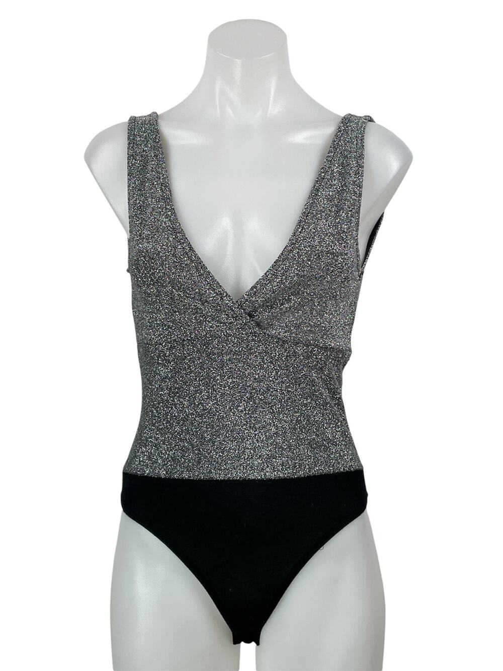Zara Black Silver Metallic Thread Sleeveless Knit Lurex V-neck Bodysuit Top Sz S